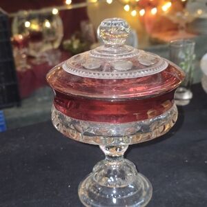Indiana Glass Kings Crown Lidded Pedestal Candy Dish Red Trim Approx 8 In Tall